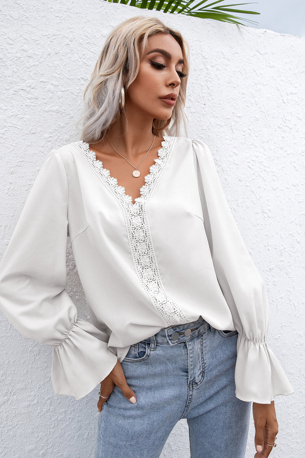 Ivy Lane Lace Trim Flounce Sleeve Blouse