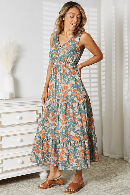 Perfee Floral V-Neck Tiered Sleeveless Dress