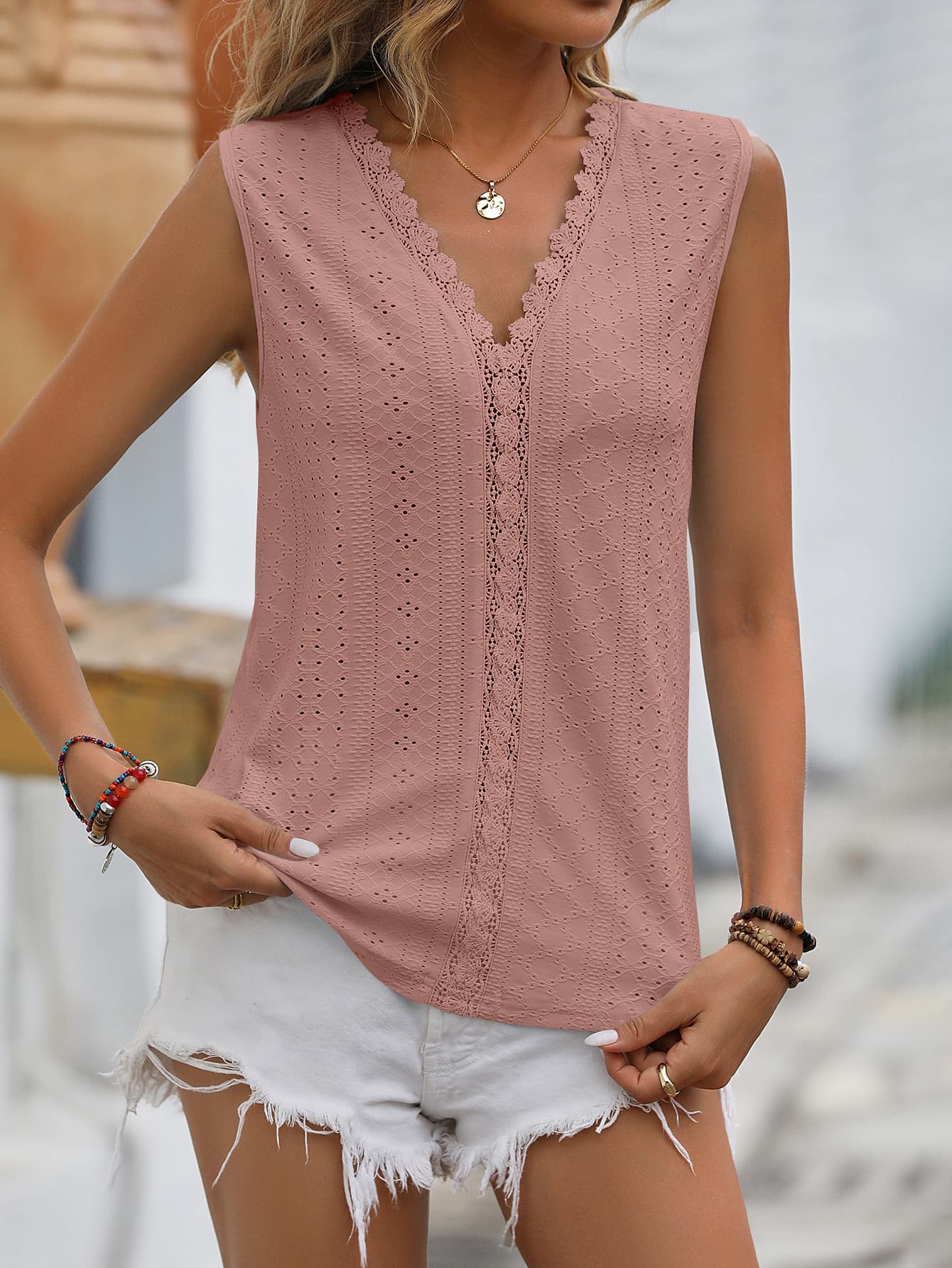 Mandy Spliced Lace V-Neck Sleeveless Tank