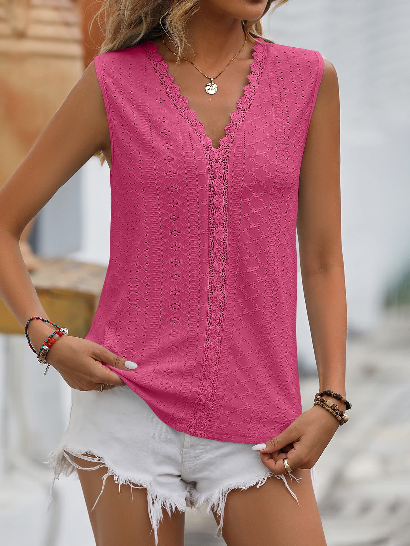 Mandy Spliced Lace V-Neck Sleeveless Tank