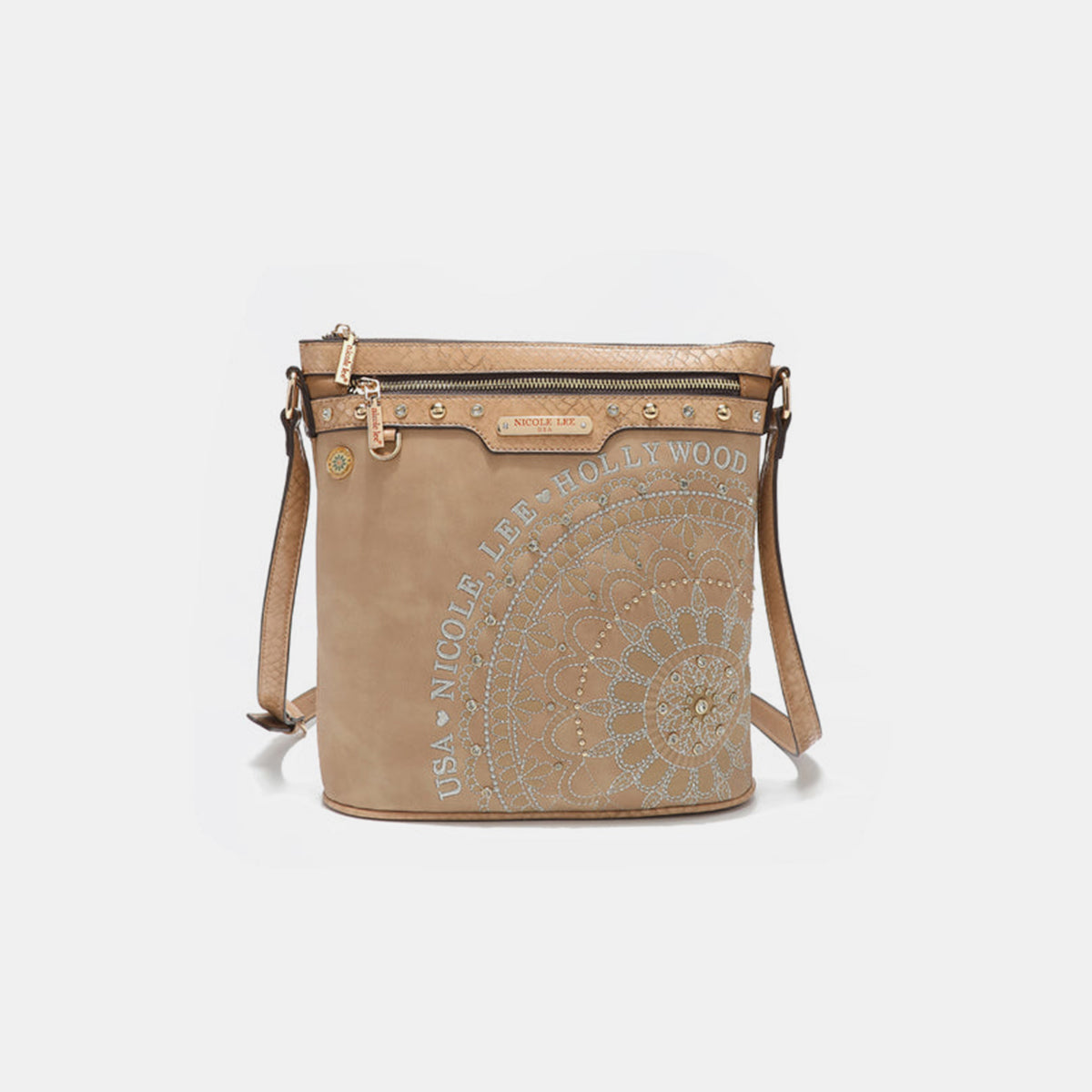 Nicole Lee USA Metallic Stitching Embroidery Inlaid Rhinestone Crossbody Bag