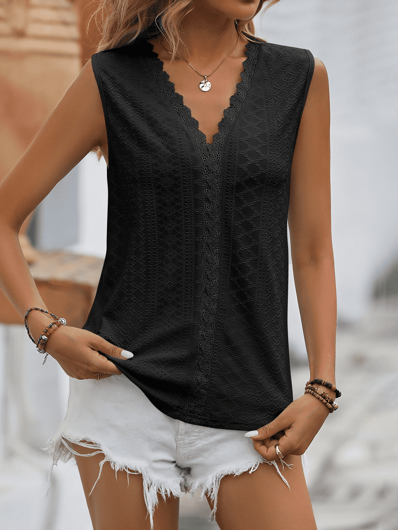 Mandy Spliced Lace V-Neck Sleeveless Tank