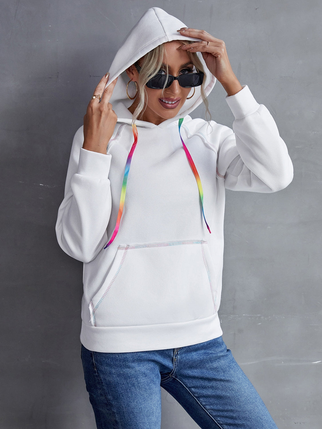 Ivy Lane Contrast Stitching Drawstring Raglan Sleeve Hoodie